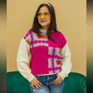 128. Plus Knit granny squares design sweater in pink